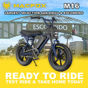 Macfox M16 eBike in navy blue, side view, displayed outdoors in Escondido