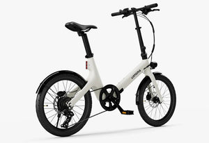 Side view of the Urtopia Carbon Fold Step Thru eBike in a folded position, showcasing its lightweight carbon frame and compact design.