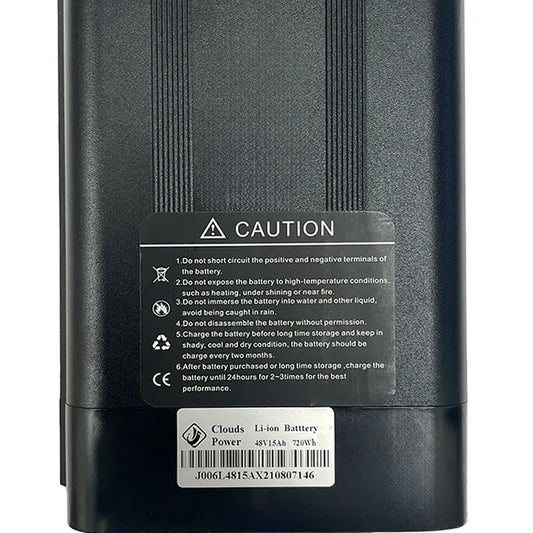 48V 15AH Silverfish battery with black and silver casing, side view showing power indicator and connector ports
