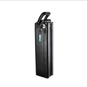48V 21AH Silverfish battery with black and silver casing, side view, showing power connector and handle