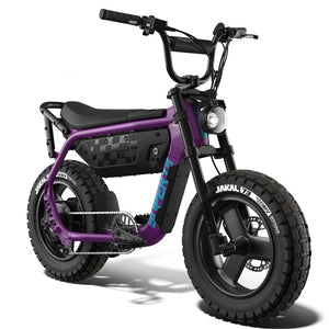 Super73 MZFT eMOTO eBike in black, side view, displayed in store with "In Store Pickup Only" sign