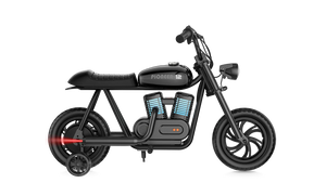 Black eMOTO Hyper Gogo Pioneer 12 Plus electric bike with training wheels, 8-inch tires, side view