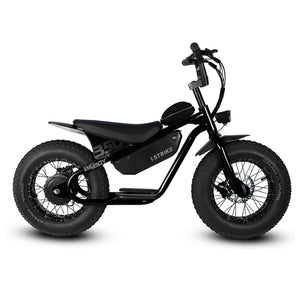 Black electric bicycle with a rugged frame, labeled "Strike Big Boy," featuring a black crackle finish, thick tires, and a sturdy rear rack.