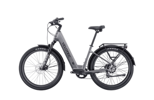 Side view of the Velotric Discover 2 eBike in a matte blue finish, showcasing its step-through frame, integrated battery, and rear cargo rack against a plain white background.