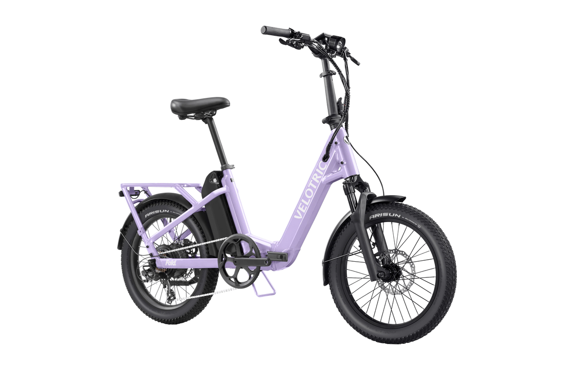 Velotric Fold 1 Plus eBike in Violet Haze color, shown folded for compact storage