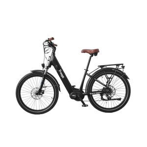 Side view of the Freego City Flow A1 eBike in black, showing its step-through frame, rear rack, and front basket against a plain background.