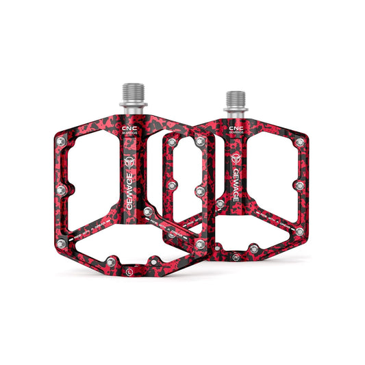 Red camouflage alloy eBike pedals with a textured surface and durable construction, shown in a product image.