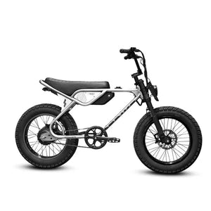 Side view of the eMOTO eBike Strike Spyder in black, showcasing its sleek frame, thick tires, and modern design against a plain background.