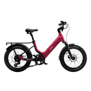 Urtopia Carbon Joy eBike in Rose Red, side view, showcasing lightweight carbon frame and modern design