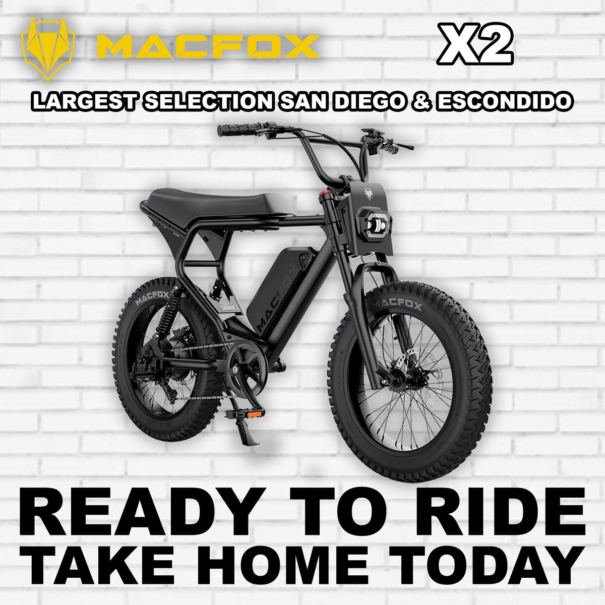 Black Macfox X2 electric bike side view, showcasing rugged frame, thick tires, and battery pack on a white background.