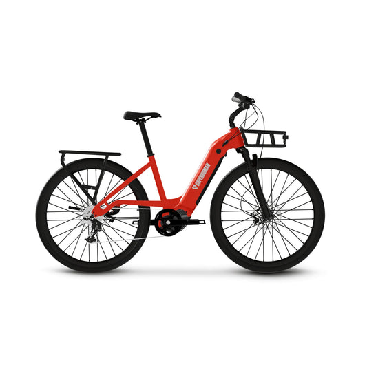 Red eBike Superhuman Moonrider model R2R, side view, sleek design, black accents, modern electric bicycle