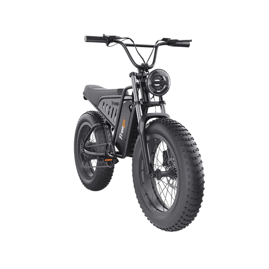 Side view of the Freego S1 Cafe Racer eBike in black, showcasing its retro-inspired design, thick tires, and brown leather seat against a plain background.