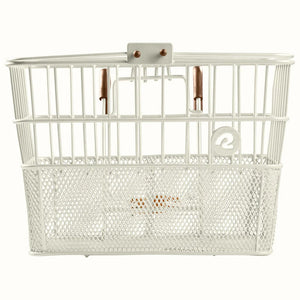 Retrospec Apollo steel bike basket in eggshell color, attached to an eBike, product image.