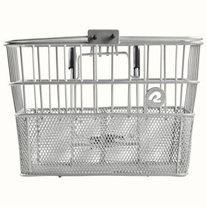 Silver Retrospec Apollo steel bike basket attached to an eBike, side view, product image