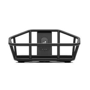 Front view of the Segway eBike front basket accessory attached to an eBike, showing its sturdy metal frame and spacious design for carrying items.