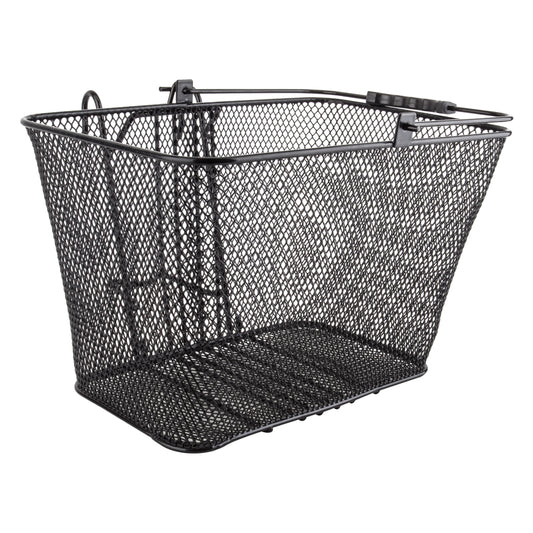 Black Sunlite mesh lift-off front basket attached to an eBike, shown from a front angle.