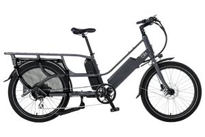 Blix Packa Genie Step-Thru 750W electric cargo eBike in gray, side view, with rear and front cargo racks