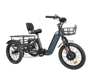 Blue BREEZY GTX-48v 500W electric tricycle with 20" x 4" fat tires, three wheels, and step-through frame, shown in product image.
