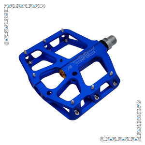 Royal blue aluminum pedals for electric bike, shown as a pair with textured surface and durable construction.