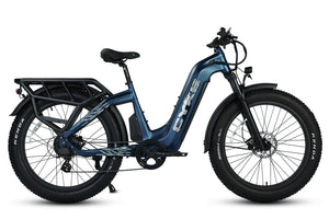 Classic blue eBike Cyke Lynx electric bicycle, side view, on a white background