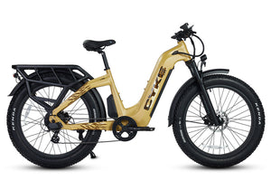 Yellow eBike Cyke Lynx bicycle, side view, against a plain background