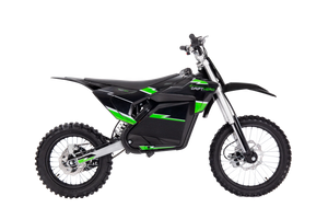 A black eBike Drift Hero 5000W dirt bike parked on a dirt trail, showcasing its rugged tires, sturdy frame, and powerful electric motor.