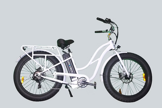 White eBike Driven HD Rocket Step Thru electric bicycle, side view, on a plain background