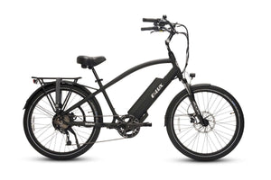 Black ELUX Malibu 500W Step Over electric beach cruiser eBike with 26x2.1 street tires, shown from the side against a plain background.