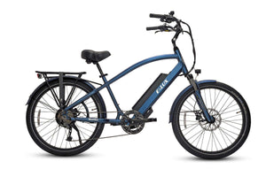 Blue ELUX Malibu 500W Step Over electric beach cruiser eBike with 26x2.1 street tires, side view, product image