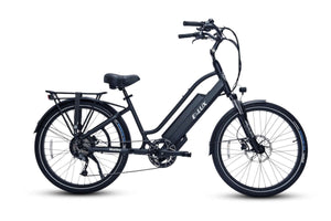 Black ELUX Malibu 500W Step Thru electric beach cruiser eBike with 26x2.1 street tires, side view against a white background