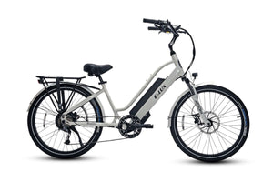 White ELUX Malibu 500W Step Thru electric beach cruiser eBike with 26x2.1 street tires, side view, product image
