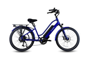 Cobalt blue ELUX Malibu GT 750W Step Thru electric beach cruiser eBike with 26x2.1 street tires, shown in side profile.