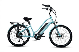 Powder blue ELUX Malibu GT 750W Step Thru electric beach cruiser eBike with 26x2.1 street tires, shown from the side.