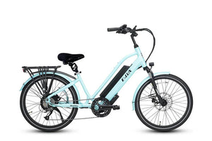 Powder blue ELUX Malibu Mini 750W Step Thru electric beach cruiser eBike, 24-inch street tires, side view, product image