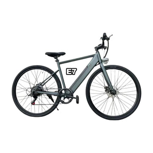 Grey FREEGO E7 eBike, side view, ready to ride, displayed against a plain background