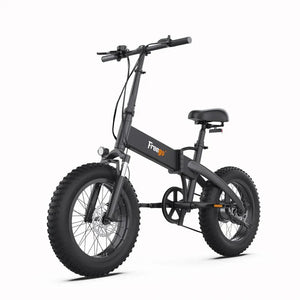 Electric folding fat tire eBike, FREEGO eFlex Raptor E1, step-over frame, 750W motor, black color, side view on white background