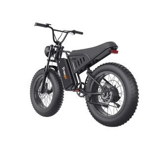 Side view of the Freego S1 Cafe Racer eBike in black, showcasing its retro-inspired frame, large tires, and brown leather seat against a plain background.