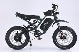 Army green eBike Ghostcat F4X Hunter, side view, showcasing rugged frame and off-road tires
