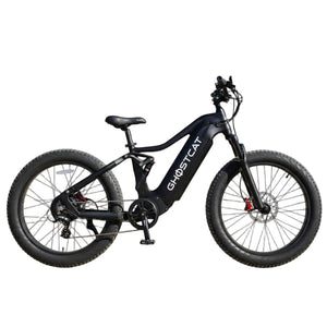 Blackout edition of the Ghostcat Saber S1 eBike, side view, showcasing its sleek black frame, fat tires, and minimalist design against a plain background.