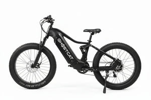 Blackout view of the Ghostcat Saber S1 eBike, showcasing its sleek frame and modern design in a dark, shadowed setting.