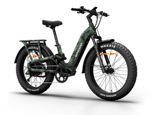 Side view of the Himiway D5 2.0 electric bike in camouflage color, showcasing its fat tires, sturdy frame, and rear cargo rack.