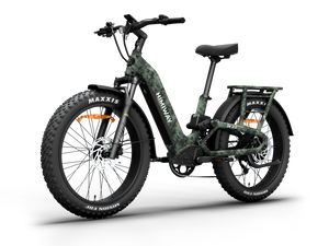 Side view of the Himiway D5 2.0 electric bike in camouflage color, showcasing its fat tires, sturdy frame, and rear cargo rack against a plain background.