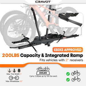 A black Cravot CyberRack R2 eBike hitch rack with an integrated ramp accessory, shown mounted on the back of a vehicle, holding two electric bikes securely.