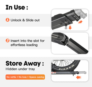 Cravot CyberRack R2 eBike hitch rack with integrated ramp accessory, shown mounted on a vehicle, holding two electric bikes securely.