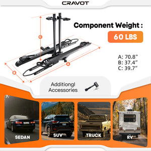 Cravot CyberRack R2 eBike hitch rack with integrated ramp accessory, shown mounted on a vehicle, holding two electric bikes securely.
