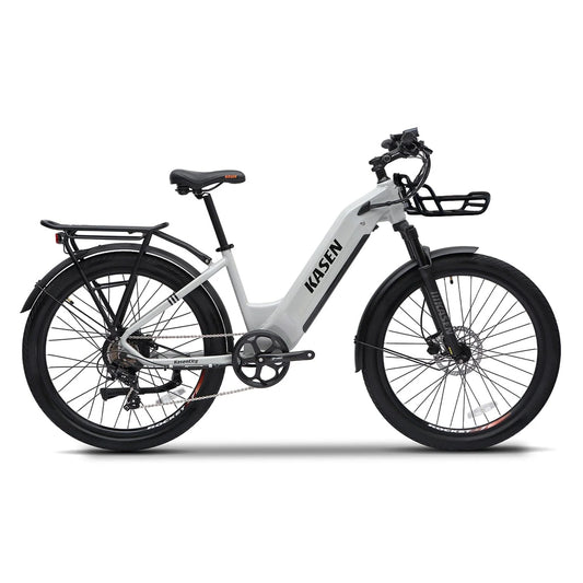 Kasen City 2.0 electric bike in gray, packaged inside a cardboard shipping box, partially visible with protective materials, product model "in box grey 5".