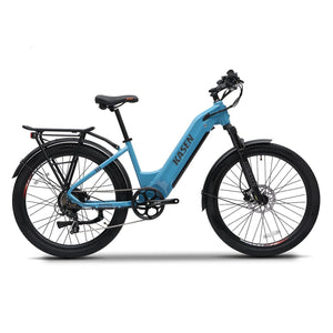 Blue Kasen City 2.0 electric bike side view, featuring a step-through frame, black saddle, and rear cargo rack.