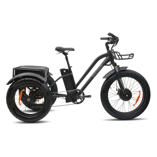 Black Kasen eBike Trike packaged in a box, product image showing 14.5AH and 17.5AH battery options.
