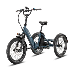 Lectric XP Trike2 electric tricycle in Dusk Blue, front three-quarter view from the left