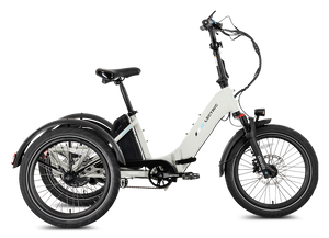 Lectric XP Trike 2 electric tricycle in Stratus White, side view, studio background